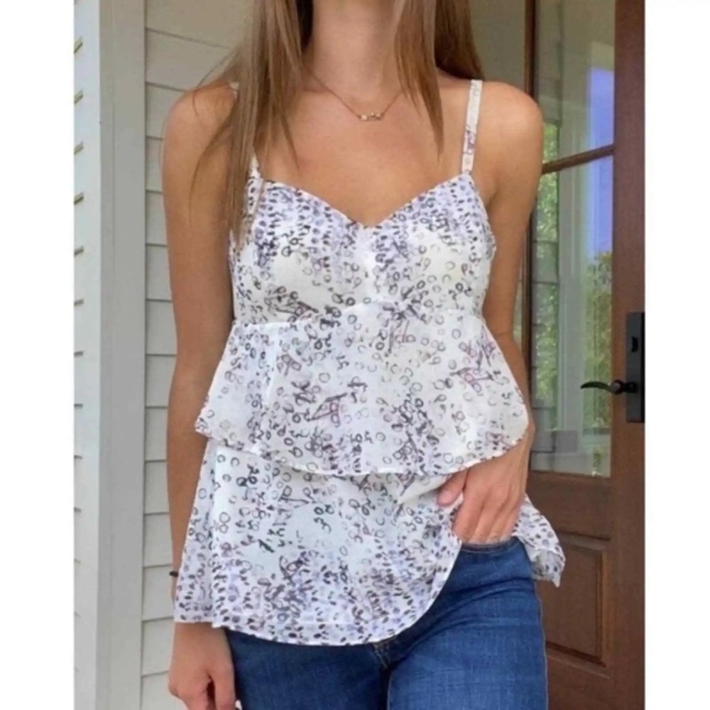 CAbi On The Clock Tiered Smocked White Printed Top. Size S